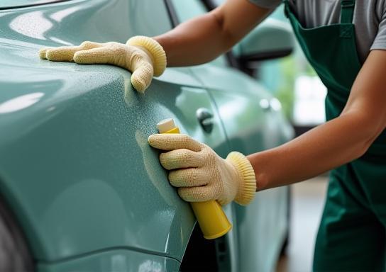 ClearShine team member detailing car exterior with eco tools