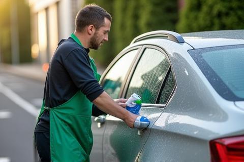ClearShine staff using eco cleaning products on car in Brighton
